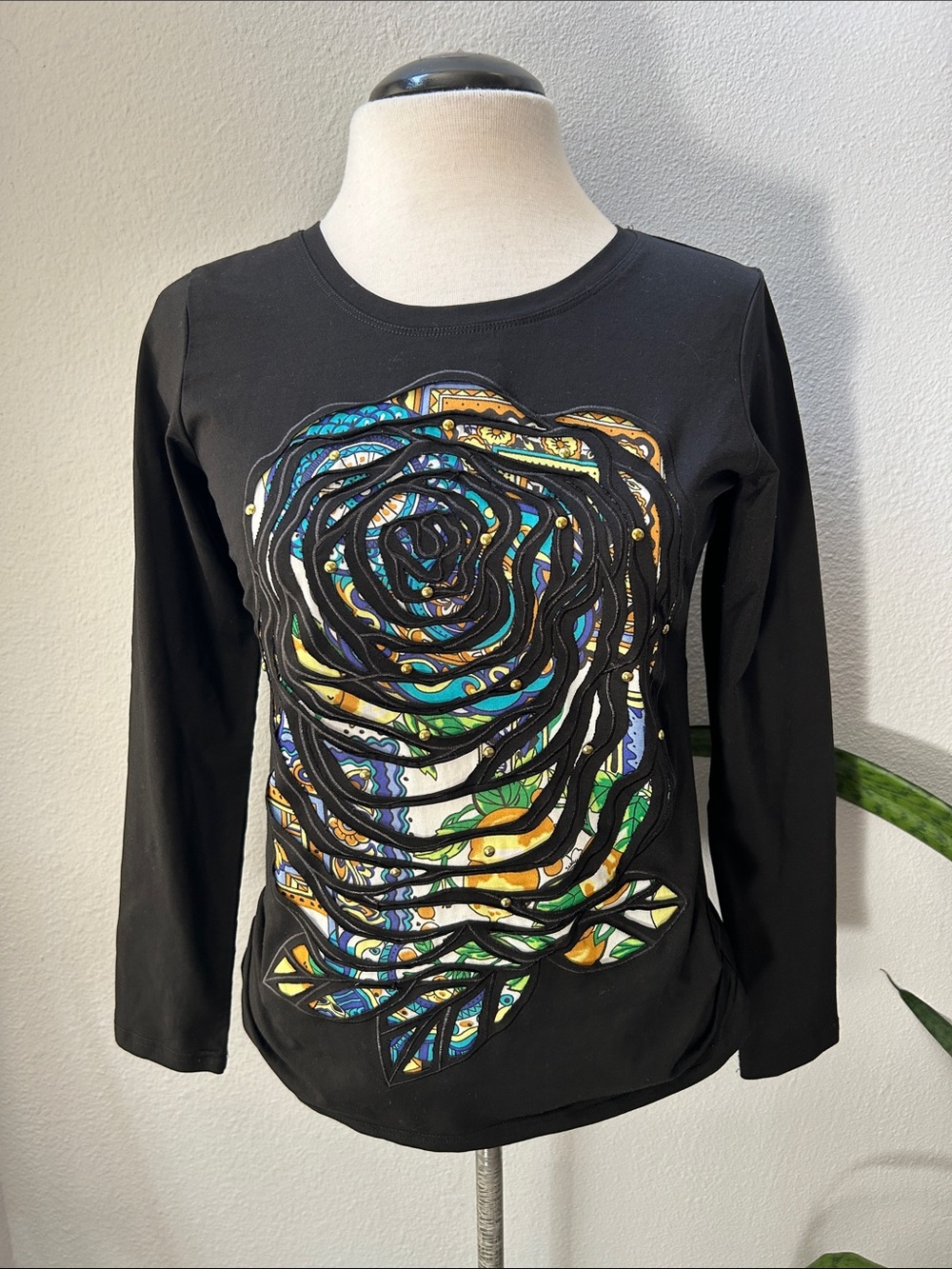 Anna Sui Black Long-Sleeve Top with Multicolor Floral Swirl L
